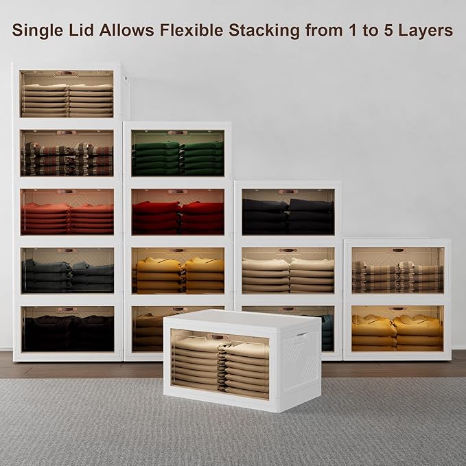 JOYMOOP Folding Storage Bins Organizer, 148.8 Quart Collapsible Storage Boxes with Wheels and Door, Stackble Plastic Storage Container for Clothing, Books and Sundries (XL, 12.4 Gal Per, 3 Tiers)