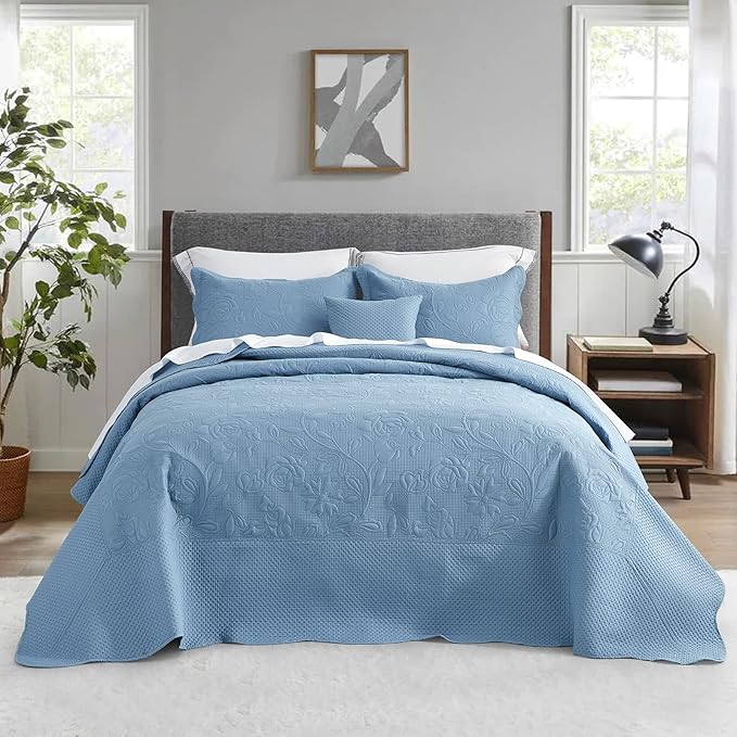 CHIXIN Bedspread Coverlet Quilt Set Full Size - Lightweight Bedding Cover - Ultrasonic Quilting - 5 Piece Reversible Bedspread - Vintage Rose Pattern (Full, Ashley Blue)