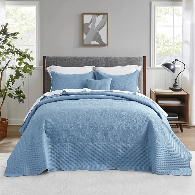 CHIXIN Bedspread Coverlet Set Queen Size - Lightweight Bedding Cover - Ultrasonic Quilting - 5 Piece Reversible Bedspread - Vintage Rose Pattern (Queen, Ashley Blue)