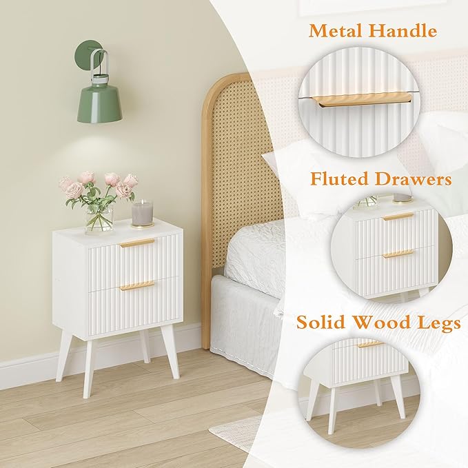 YAUKOMEL Fluted Nightstand with 2 Drawers,Modern Bedside Table with Metal Handles,Side Table with Solid Wood Legs,End Table for Living Room,Bedroom,Small Spcae 11.8" D x 16" W x 22.4" H White CTG55W