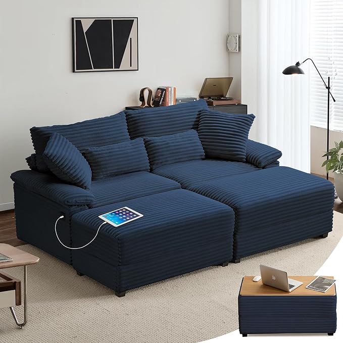 SUNWAVE 74" Double Chaise Lounge Chair Indoor, Loveseat with Storage Ottoman, Corduroy Small Couch with USB Charging, Removeable Ottoman, and Coffee Table Cushions for Living Room