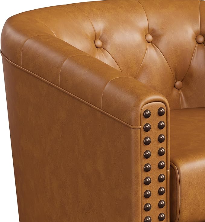 Swivel Barrel Accent Chair,Round Nailhead Faux Leather Living Room Arm Chairs,Modern Upholstered Comfty Reading Nook Chairs for Bedroom,Small Club Armchair,Single Sofa Side Chair,Caramel Brown