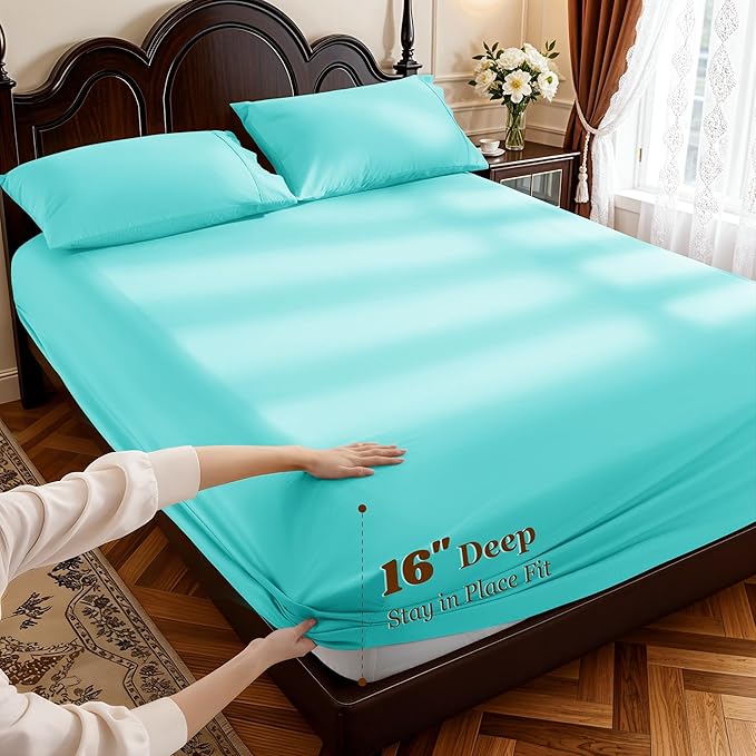 LBRO2M 1000 Thread Count 100% Egyptian Cotton Sheets Set,California King Size Bed Sheet 4 Piece Sets,Long Staple,16 Inches Deep Pocket,All Season,Bedding Super Soft Breathable(Lake Green)