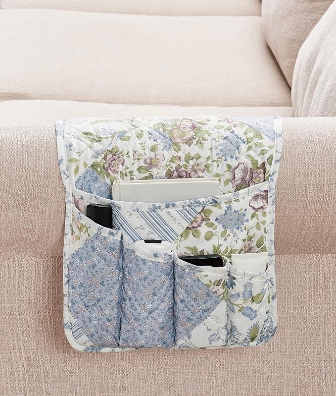 Brilliant Sunshine Blue Rose Patchwork Couch Armrest 5 Pockets Organizer, Slip Resistant Recliner Armchair Caddy, Washable Remote Controls Holder, Storage for Magazine, Tablet, Phone, iPad, Blue Rose