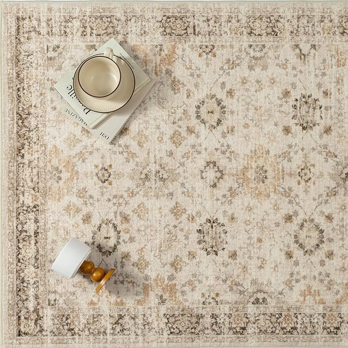 Beige 6x9 Area Rug Non Slip Vintage Living Room Distressed Machine Washable Carpet Retro Indoor Bedroom Traditional Floral Accent Throw Rug for Office Kitchen Dorm Dining Room