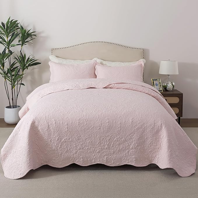 HoneiLife King Size Quilt Sets - 3 Piece Microfiber Quilt Set Lightweight Bedspreads Reversible Coverlets Rustic Bed Cover King Quilt Bedding Set All Season Quilts-Light Pink