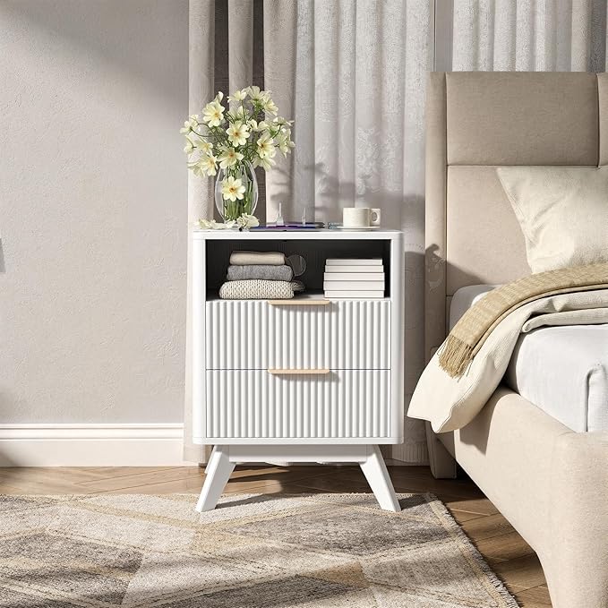 Modern Nightstand,Side Table with Charging Station,Bedside Tables with Drawer,Mid-Century End Tables Set (1-Piece),White