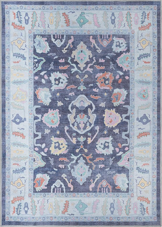 Fame Rugs Navy Blue Modern Oushak Rug 3x5, Washable Vintage Turkish Colorful Oriental Antique Inspired Foldable Small Area Rugs, Luxury Living Room Bedroom (388NB, 2'6" x 5')