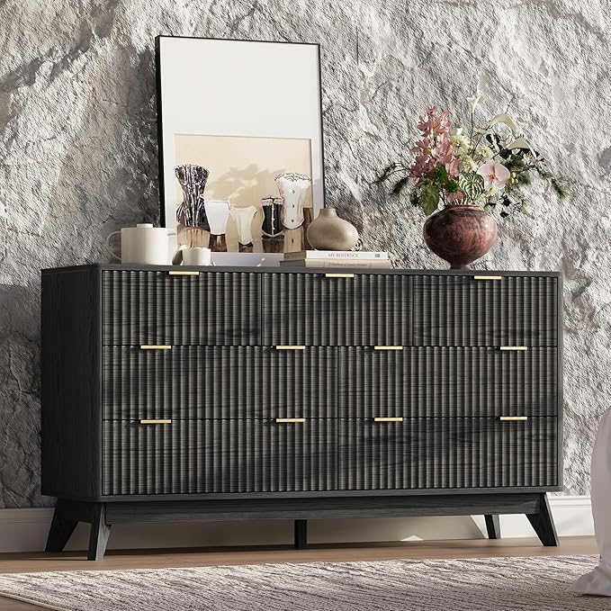 54'' Wide 7 Drawers Dresser for Bedroom,Modern Fluted Vertical Chest with Rounded Corners,Fluted Dresser for Living Room,Hallway, Black