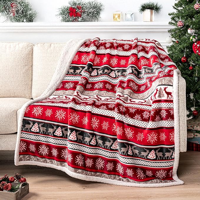 PAVILIA Christmas Sherpa Throw Blanket, Red & White Snowflake, Reindeer, Reversible Fleece & Sherpa Cozy Winter Blanket for Couch & Bed, 50x60, Christmas & Holiday Decor