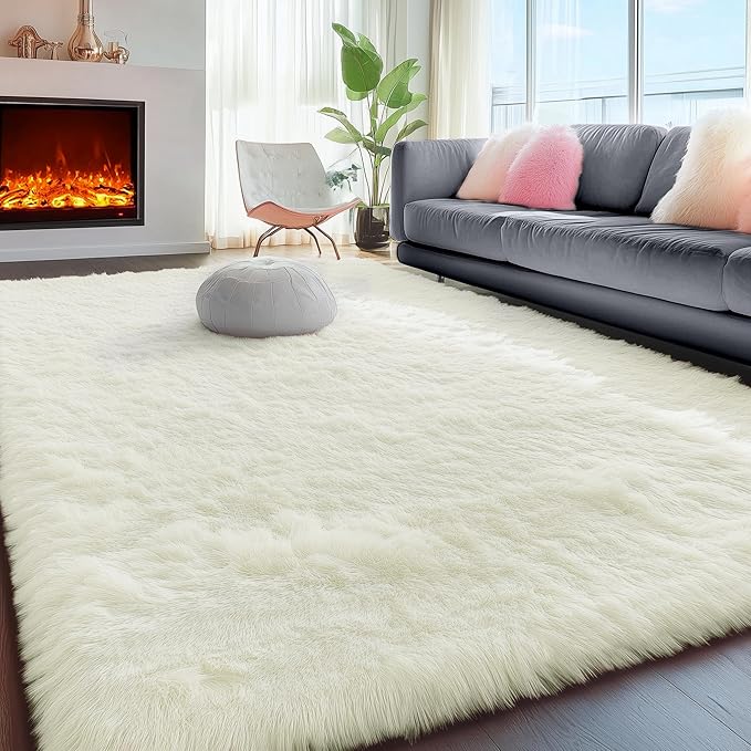 PAGISOFE White Fluffy Shag Machine Washable Area Rugs for Living Room 5x7 Ft,Cream White Soft Shaggy Rugs for Bedroom,Office Ivory Carpet Boys Girls Dorm Pastel Rug for Kids Room Home Decor Aesthetic