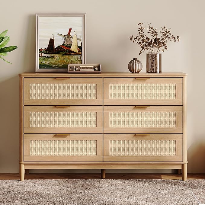 LINSY Rattan 6 Drawer Dresser for Bedroom, 54" Wide Mid-Century Modern Tall Chest of Drawers, Deep Storage Dresser with Curved Corner Design, Large Accent Wood Cabinet for Bedroom, Oak