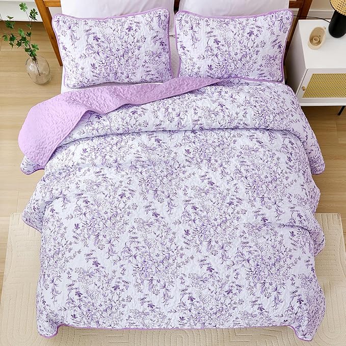 WONGS BEDDING Quilt King Size, Purple Quilt Bedding Set with 2 Pillowcases, Botanical Quilt for King Bed, Soft Microfiber Lightweight Coverlet Bedspread for All Season (110"×90", 3 Pieces)