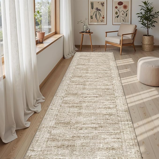 Washable Runner Rug, 2'6" x 8' Non-Slip Kitchen Vintage Foldable Hallway Runners for Entryway, Laundry, Bedroom, Brown