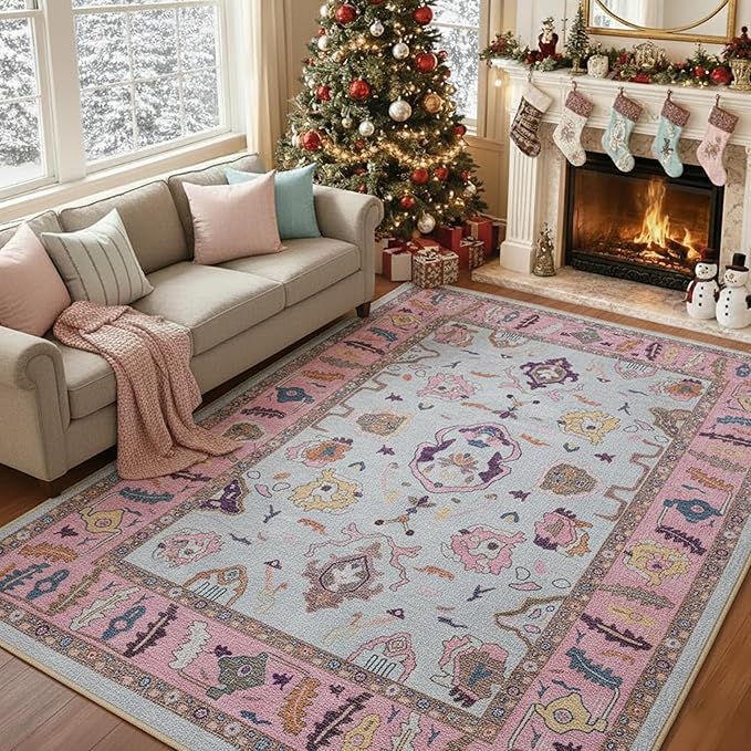 Fame Rugs Pink Beige Modern Oushak Rug 5x7, Washable Vintage Turkish Colorful Oriental Antique Inspired Area Rugs, Luxury Living Room Bedroom (390PP, 6' x 9')