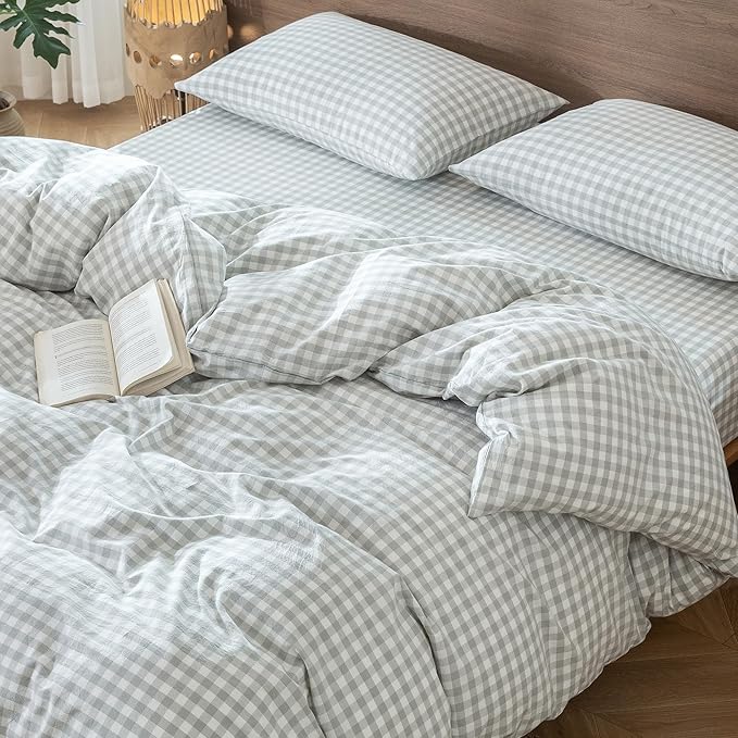 MooMee Gingham Duvet Cover Set 100% Washed Cotton Linen Like Textured Breathable Durable Soft Comfy Modern Checkered Design (Northern Droplet Grey Gingham, King 104"x90")