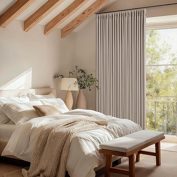 Extra Wide 70 Inch Burlywood Birch Blackout Bedroom Curtains 96 Inches Long Memory Trained Pinch Pleated Room Darkening Thermal Linen Textured Two Layer Drapes for Living Room Sliding Patio Door
