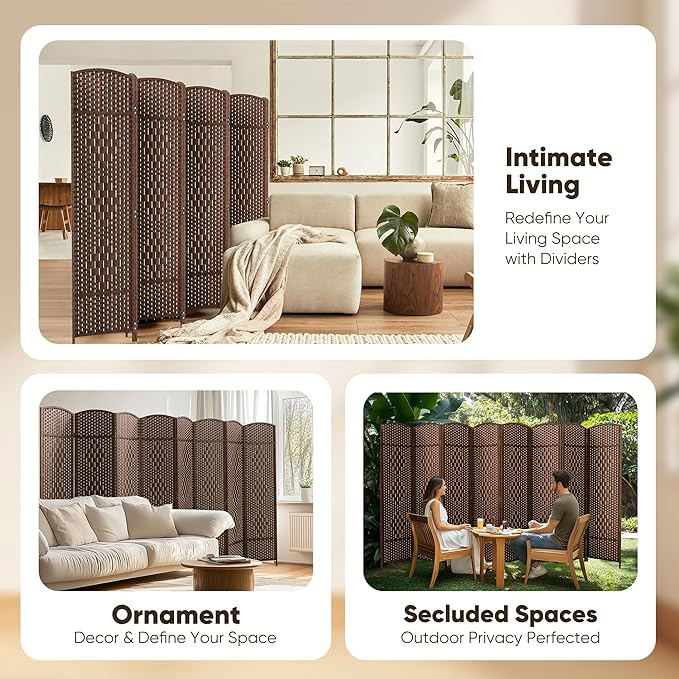 JOSTYLE 6ft. Tall Extra Wide Folding Privacy Screens with Diamond Double-Weave and Freestanding Room Dividers (Brown, 8-Panel)