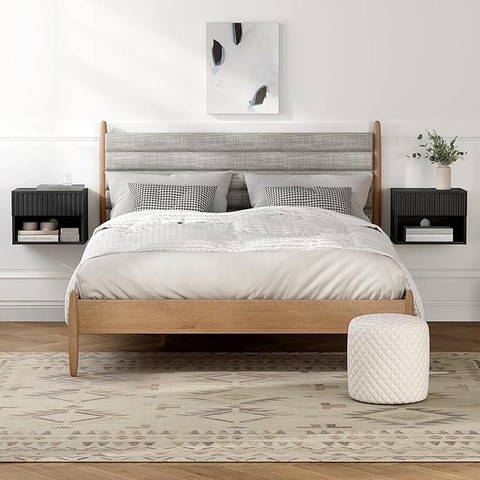 Floating Nightstands Set of 2 with Drawer and Open Shelf, Small Wall Mounted Bedside End Table, Modern Fluted Night Stand for Bedroom, Living Room, Black