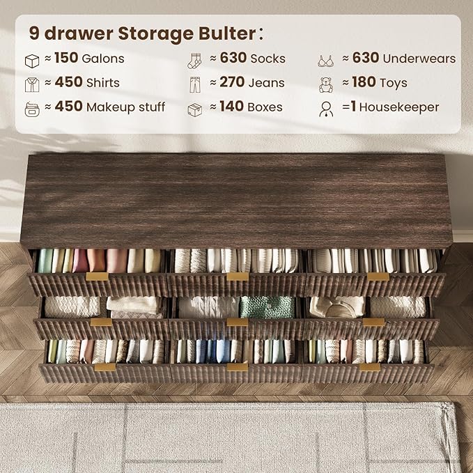 63'' Wide 9 Drawers Dresser for Bedroom,Modern Fluted Vertical Chest with Rounded Corners,Fluted Dresser for Living Room,Hallway, Walnut