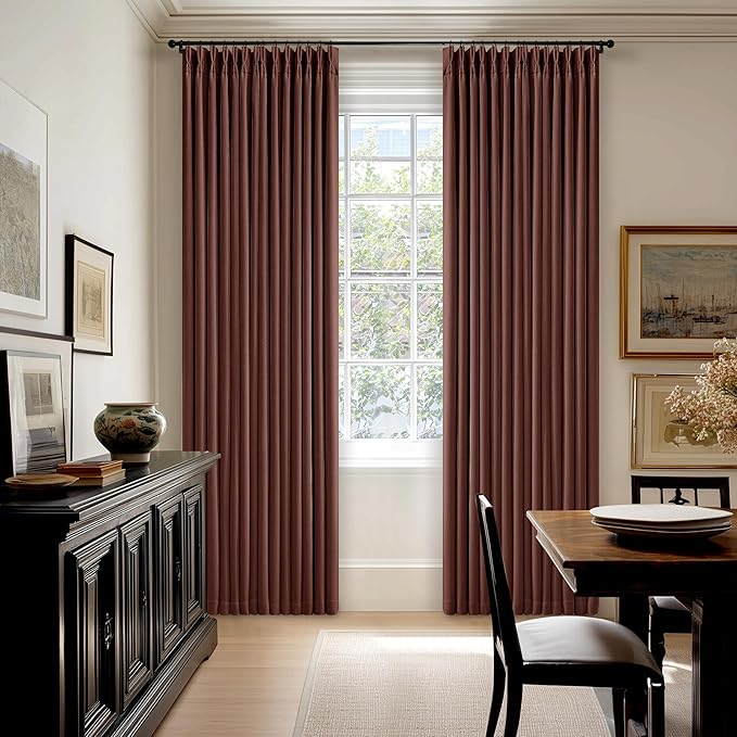 Chestnut Brown Pinch Pleated Blackout Linen Curtains 86 Inches Long for Bedroom Pleated 100% Black Out Drapes with Liner Rust Farmhouse Country Extra Long 86 Inch Curtain for Living Dining Room