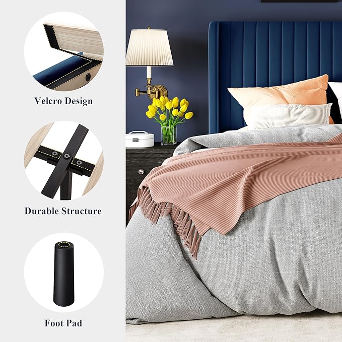 Allewie King Size Velvet Bed Frame/Vertical Channel Tufted Wingback Headboard/Upholstered Platform Bed/Strong Wooden Slats/No Box Spring Needed/Easy Assembly/Blue