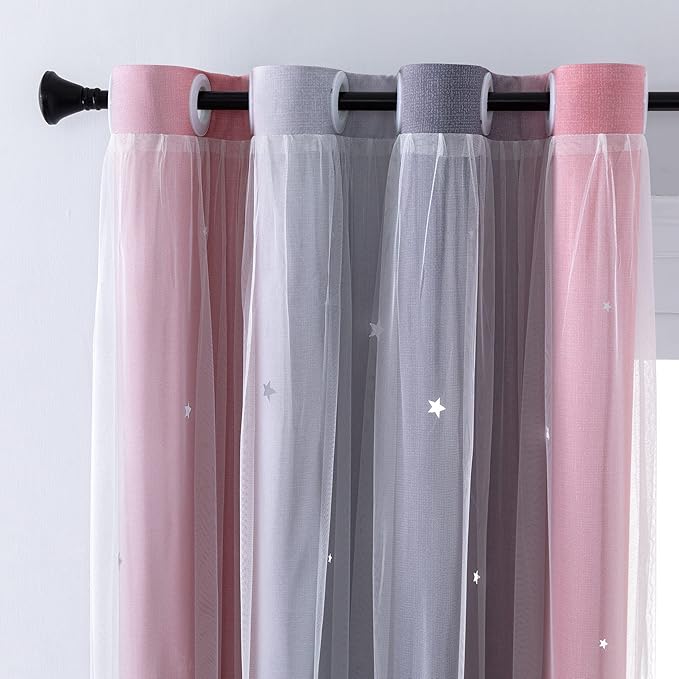 XiDi Curtains for Bedroom Decor, Rainbow Pink-Grey-34-90