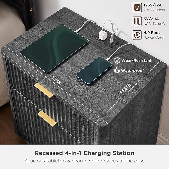 T4TREAM 23'' Fluted Nightstand with Charging Station, Large 2 Drawer Side Table, Modern End Table with Storage, Mid Century Bedside Table for Bedroom, Living Room, Curved Profile, Dark Alder