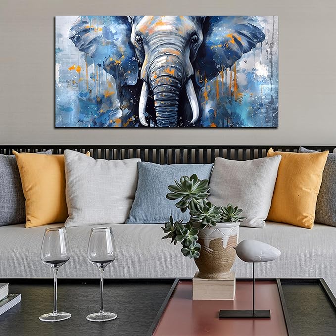 ENTANUB Elephant Wall Art for Living Room, Animal Canvas Print Painting for Bedroom, Blue Picture Decor, Size 59 x 29 Inches