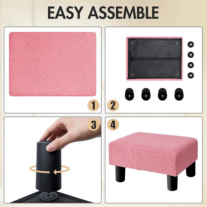 BRIAN & DANY Small Foot Stool Ottoman, Footstool with Legs, Teddy Velvet Foot Rest for Living Room, Bedroom and Office, Hot Pink