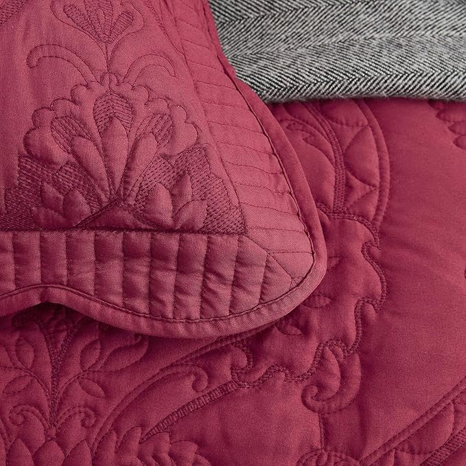 CHIXIN Bedspread Coverlet Quilt Set Full Size - Lightweight Bedding Cover - Beautiful Stitching - 5 Piece Reversible Bedspread - Gorgeous Damask Paisley Pattern (Full, Wine Red)