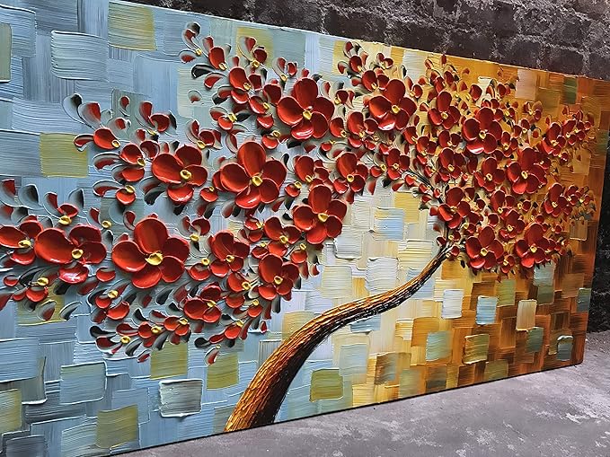 YaSheng Art -handpainted Texture Flowers Contemporary Art Oil Painting On Canvas Abstract Canvas Art 3D Red Tree Paintings Modern Home Wall Art for living room Bedroom Dining Room Office Wall Decor 24x48inch