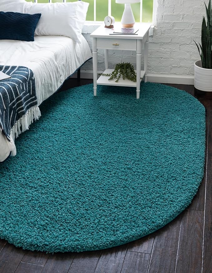 Unique Loom Solid Shag Collection Area Rug (5' 3" x 8' Oval, Deep Aqua Blue)