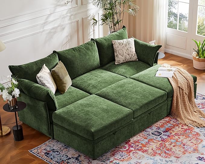 ABCASA 102.6" Luxury Modular Sleeper Sofa Bed 6 Seat Reversible Sectional Couch Deep Seat with Storage Chaises Removable Cover for Living Room, Apartment - Chenille Green