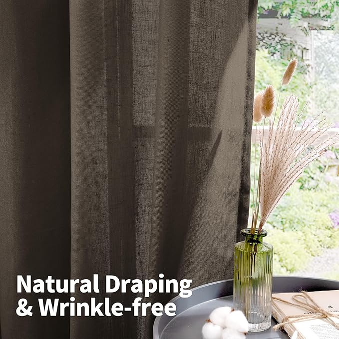 YoungsTex Brown Linen Curtains 63 Inches Long for Living Room Window, Light Filtering Drapes Semi Sheer with Grommet Privacy Decorative for Bedroom, 2 Panels, 52 X 63 Inch