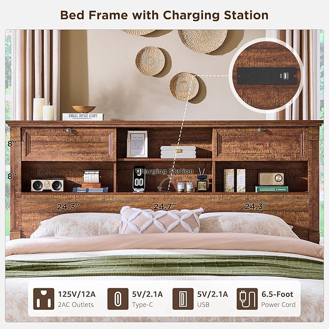 Farmhouse King Size Bed Frame with 54" Tall Headboard, Headboard with 4 Storage Rack, 2 Drawers, Wood Platform Bed Frame,18" Roman Column Decoration Footboard, No Box Spring Needed(Reclaimed Barnwood)