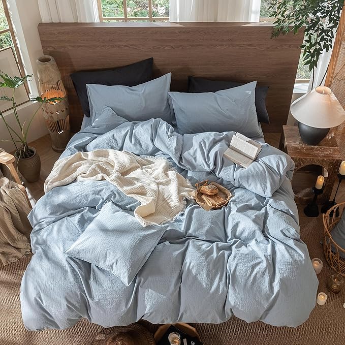 MooMee Wavy Striped Duvet Cover Set 100% Washed Cotton Linen Like Textured Breathable Durable Soft Comfy (Cornflower Blue, Super Queen 90"x98")
