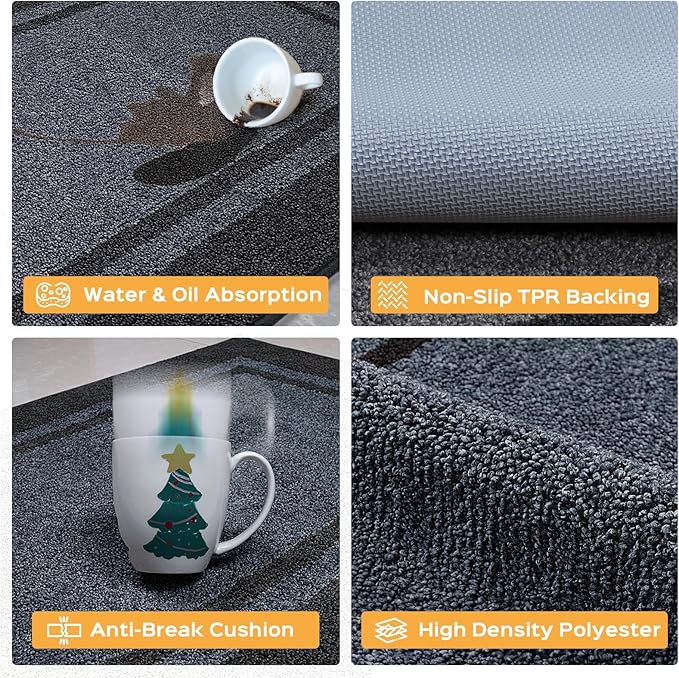 Kitchen Rugs 24" x 84", Non-Slip Machine Washable Kitchen Runner Rugs Floor Mats, Absorbent Comfort Standing Mats for Kitchen, Sink, Laundry and Hallway, Rolled Packaging, Bluish Grey & Charcoal