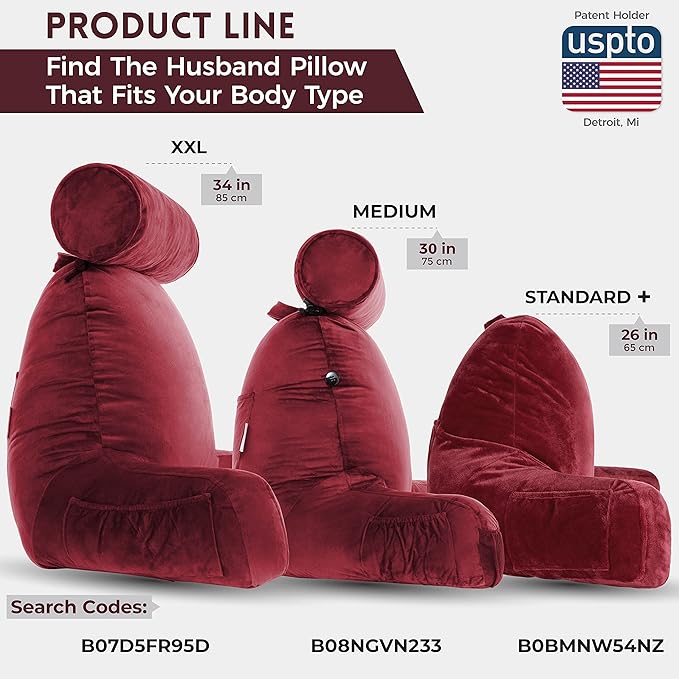 Husband Pillow Medium Maroon, Backrest for Kids, Teens, Petite Adults - Reading Pillows with Arms, Adjustable Loft, Plush Memory Foam, Bed Rest Chair for Sitting Up, Detach Neck Roll, Removable Cover