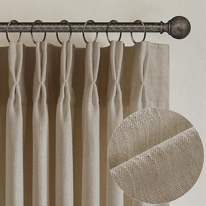 Textured Linen Burlap Curtains 84 Inches Long 2 Panels Neutral Country Tan Greige Flax Ceiling Floor Pinch Pleated Curtains Hooks Track Light Filtering Privacy Drape for Living Room Ofiice Grey Beige