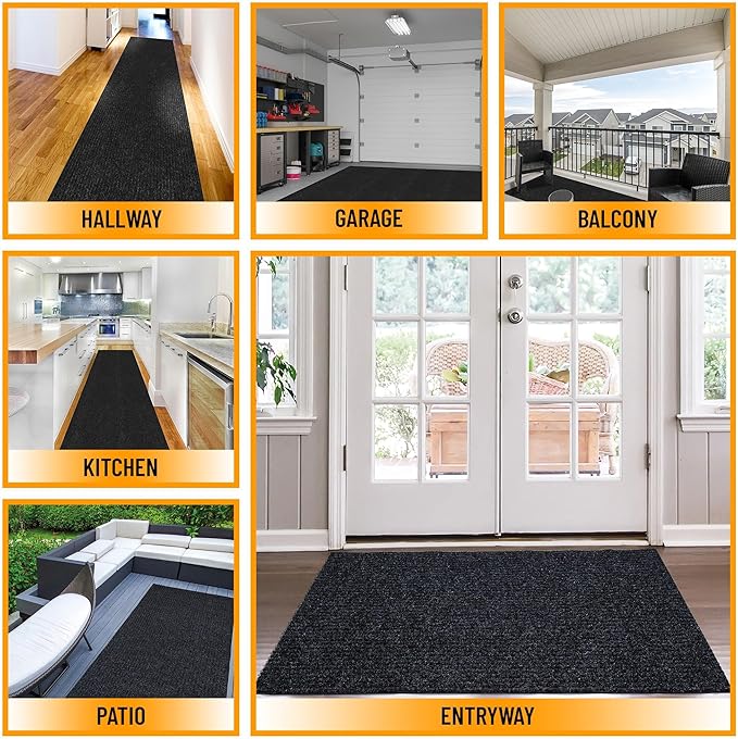 Ottomanson 2'7" x 21' Hallway Runner with Scraper Pile - Extra Durable Non-Slip Rug Mat for Indoor & Outdoor Use - Ideal for Kitchen, Entryway & Garage - High-Traffic Carpet, Black
