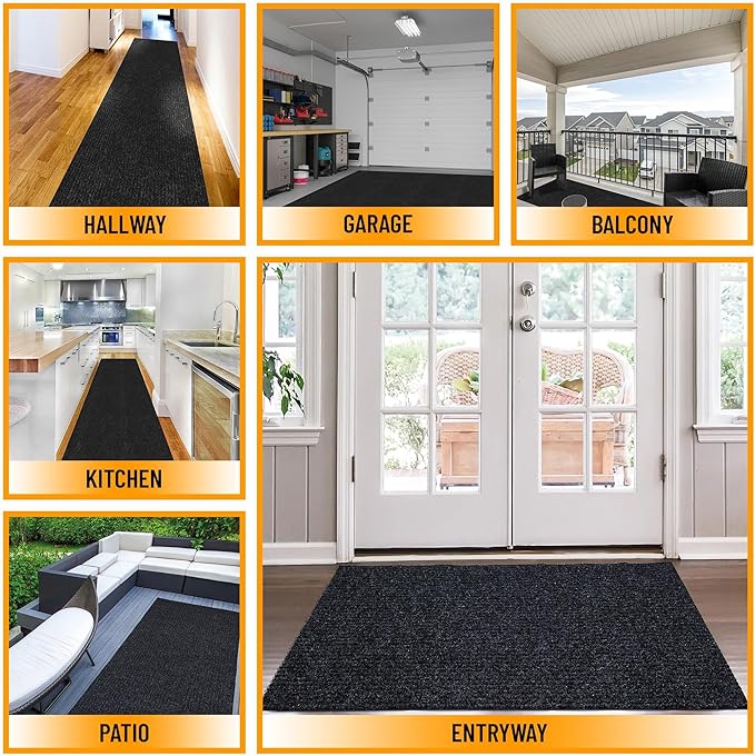 Ottomanson 2'7" x 39' Hallway Runner with Scraper Pile - Extra Durable Non-Slip Rug Mat for Indoor & Outdoor Use - Ideal for Kitchen, Entryway & Garage - High-Traffic Carpet, Black