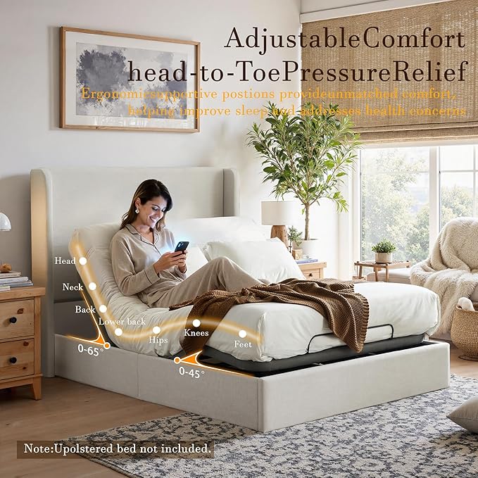 Queen All-in-One Adjustable Bed Frame with Upholstered Wingback Headboard, Head and Foot Incline, Zero Gravity, Massage, App and Wireless Remote, No-Noise, Minimalist, Textured Ivory Canvas