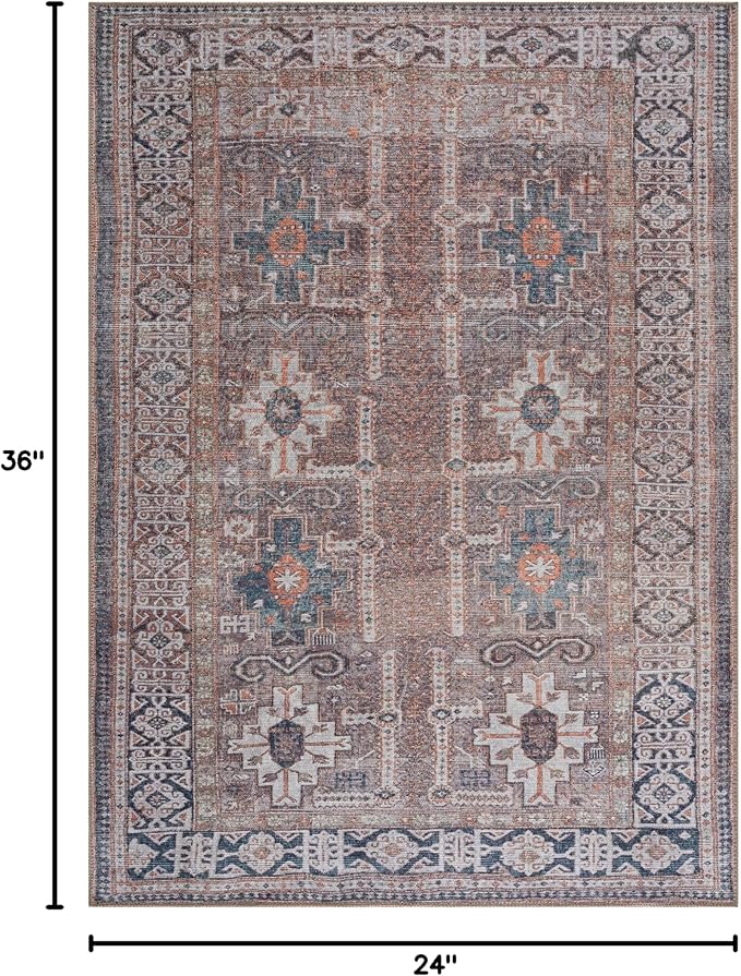 Bloom Rugs Washable Non-Slip 2' x 3' Rug - Brown/Blue/Orange Traditional Oriental Area Rug for Living Room, Bedroom, Dining Room, and Kitchen - Exact Size: 2' x 3'
