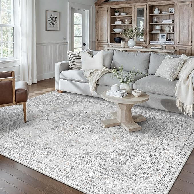 Grey 5x7 Area Rug Washable Vintage Carpet for Living Room Office Soft Retro Floral Low Pile Thin Indoor Rug Non Slip Central Medallion Floor Cover for Bedroom Dining Room