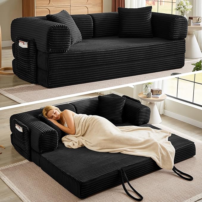 Boneless Couch Folding Couches for Living Room Sofa, Futon Sofa Bed with Sleeper Sofa, Futon Couch with Fixed-Shape Oversized Corduroy Upholstered (Black, 81 Inches)