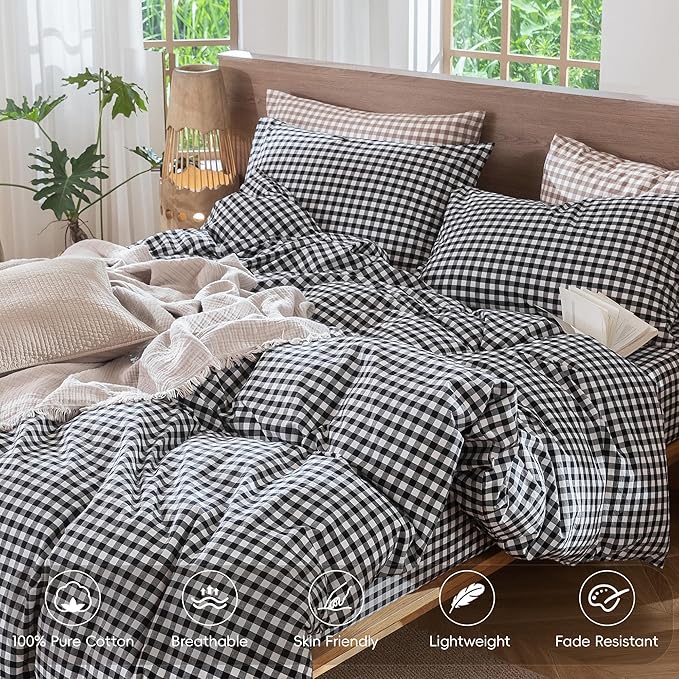 MooMee Gingham Duvet Cover Set 100% Washed Cotton Linen Like Textured Breathable Durable Soft Comfy Modern Checkered Design (Black White Gingham, Queen 90"x90")