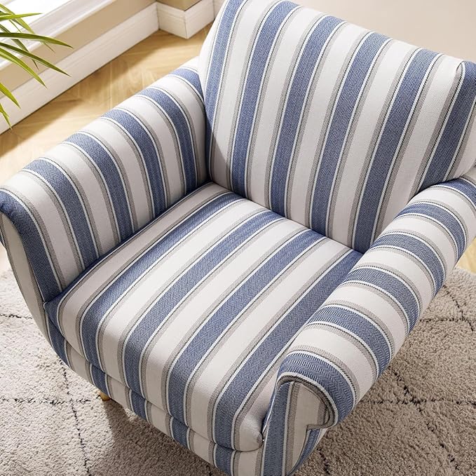 VANOMi Mid-Century Accent Chair with Stripe Pattern, Modern Linen Fabric Armchair with Wood Legs, Club Chair for Living Room, Comfy Upholstered Side Chairs for Bedroom, Reading, Small Place (Navy)