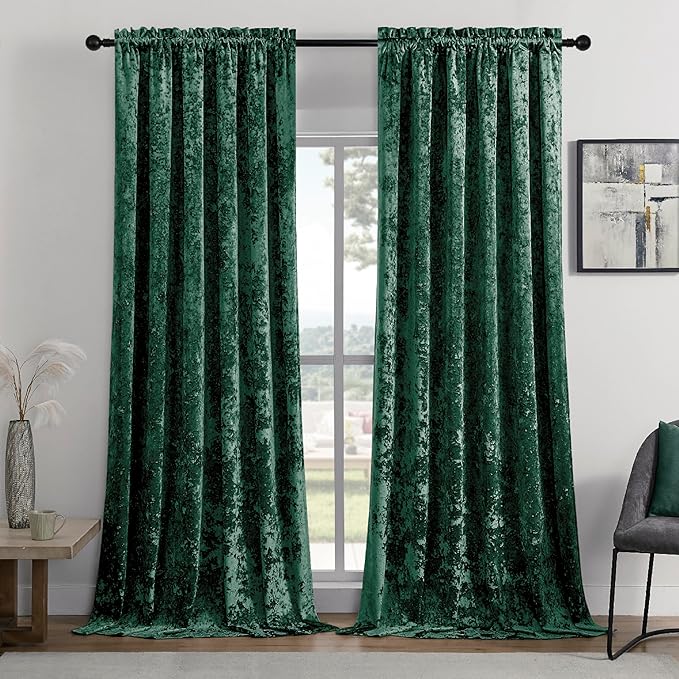 SMILETIME Forest Green Crushed Velvet Curtains 52x108inch Rod Pocket Luxurious Thermal Insulated Soundproof Drapes Soft and Durable Light-Filtering Window Treatments for Living Room Bedroom, 2 Panels