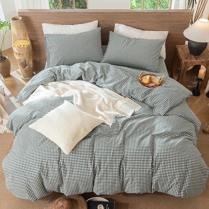 MooMee Gingham Duvet Cover Set 100% Washed Cotton Linen Like Textured Breathable Durable Soft Comfy Modern Checkered Design (Mini Gingham Forest Green, Queen 90"x90")